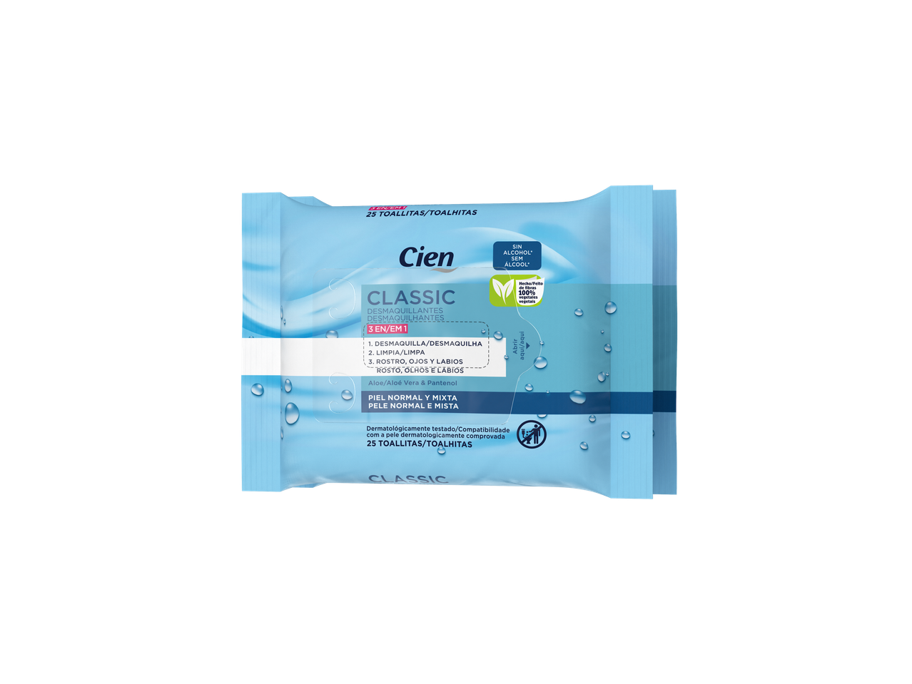 Toalhetes desmaquilhantes Cien Classic 3 em 1 para pele normal e mista, sem álcool.