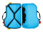 Open blue children's suitcase with black elastic straps and a black fabric pocket.