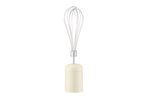 A cream-colored electric whisk with a silver wire head on a white background.