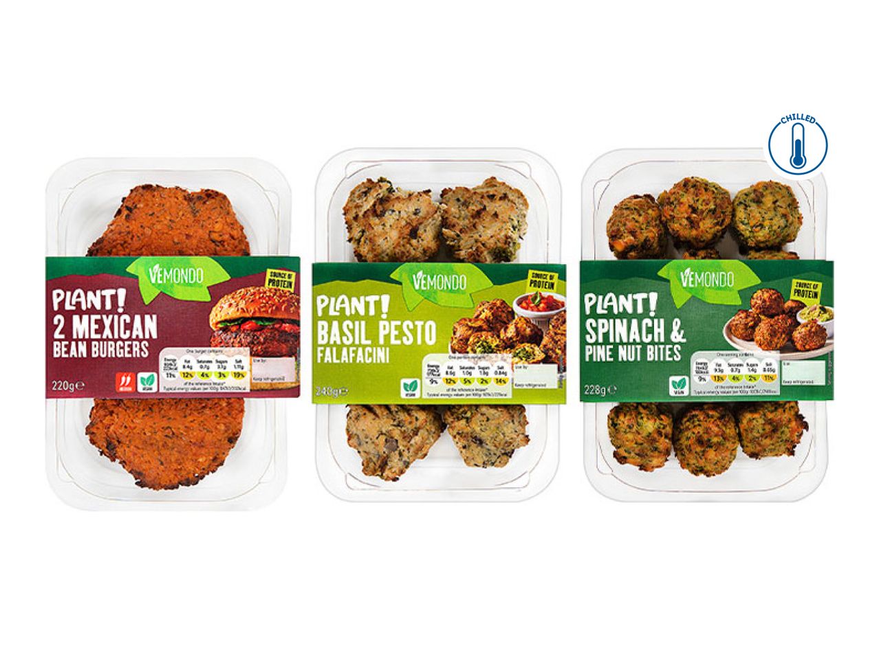Three chilled plant-based products: Mexican bean burgers, basil pesto falafacini, and spinach & pine nut bites.