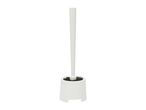 White toilet brush with a black bristle head, standing in a matching white holder.
