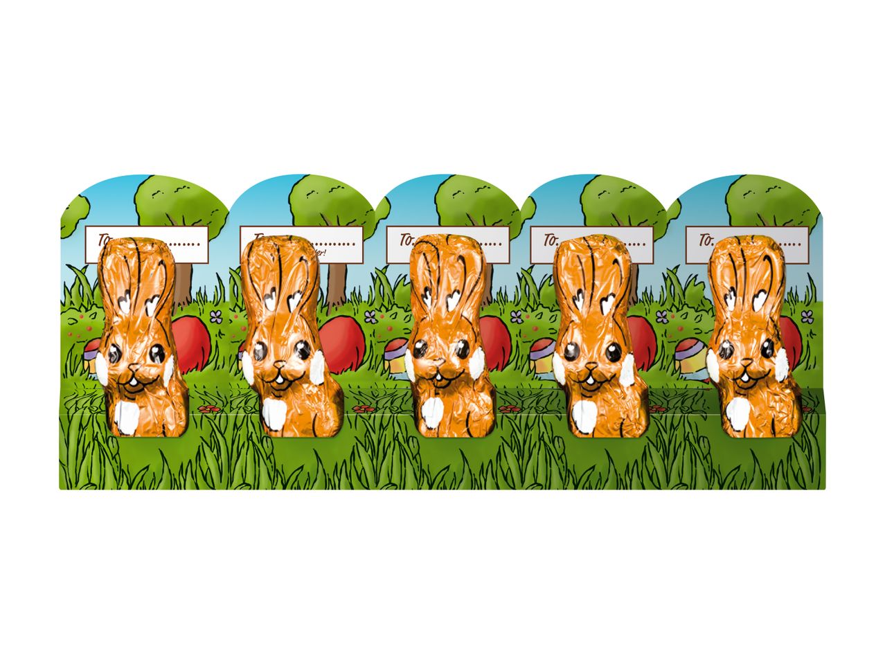 Five chocolate Easter bunnies in orange foil, standing in green grass with trees and eggs.