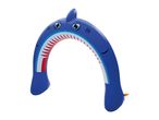 Inflatable blue shark arch sprinkler with a fin, eyes, and red and white teeth.