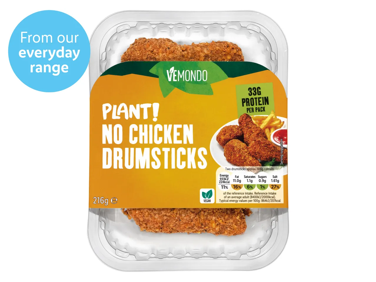 Vemondo plant-based chicken drumsticks: 33g protein per pack.