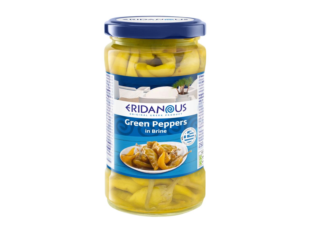 Jar of green peppers in brine, with a label indicating it's an original Greek product.