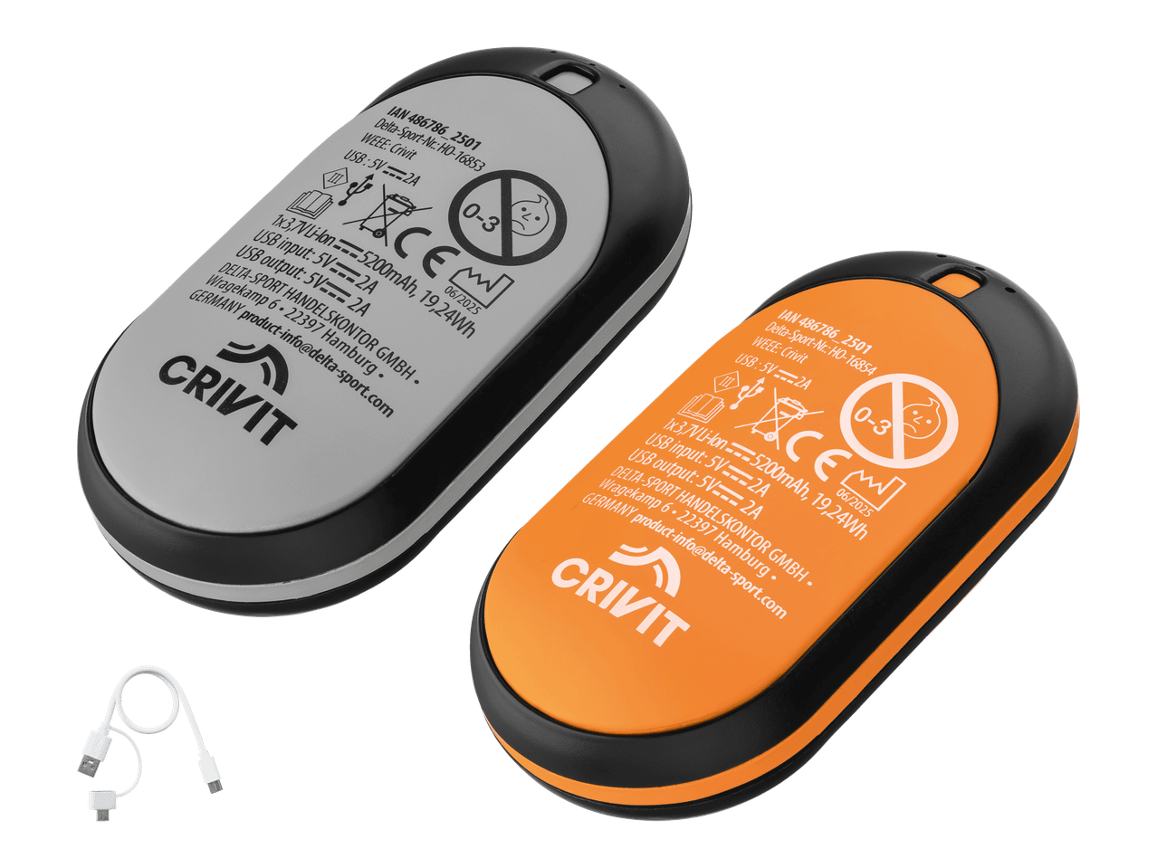 Kaksi Crivit-varavirtalähdettä, toinen harmaa ja toinen oranssi, sekä USB-latauskaapeli.