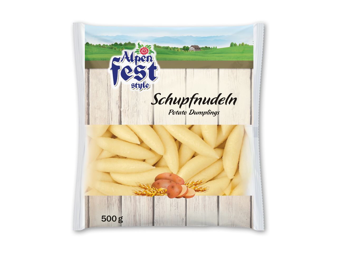 Pakke med kartoffelboller i alpe-stil, med et billede af kartofler og hvede.