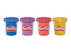 Four tubs of glitter playdough in blue, purple, red, and gold colors.
