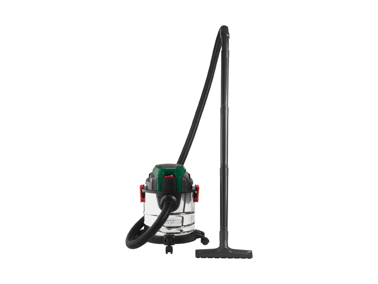 Aspirateur eau et poussière avec cuve en acier inoxydable et accessoires.
