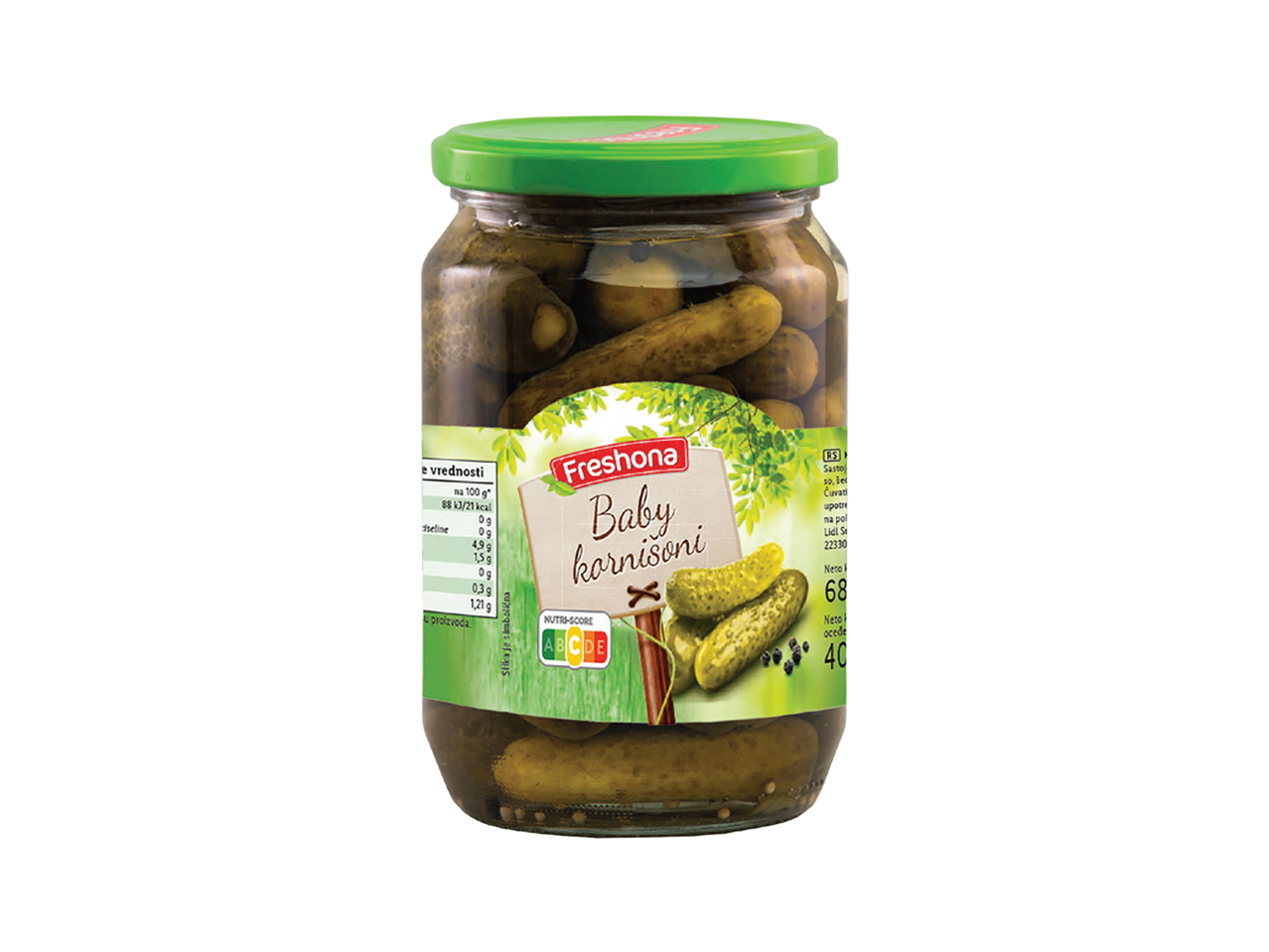 Tegla bebi kornišona sa zelenim poklopcem i etiketom koja prikazuje nutritivne vrednosti i Nutri-Score.
