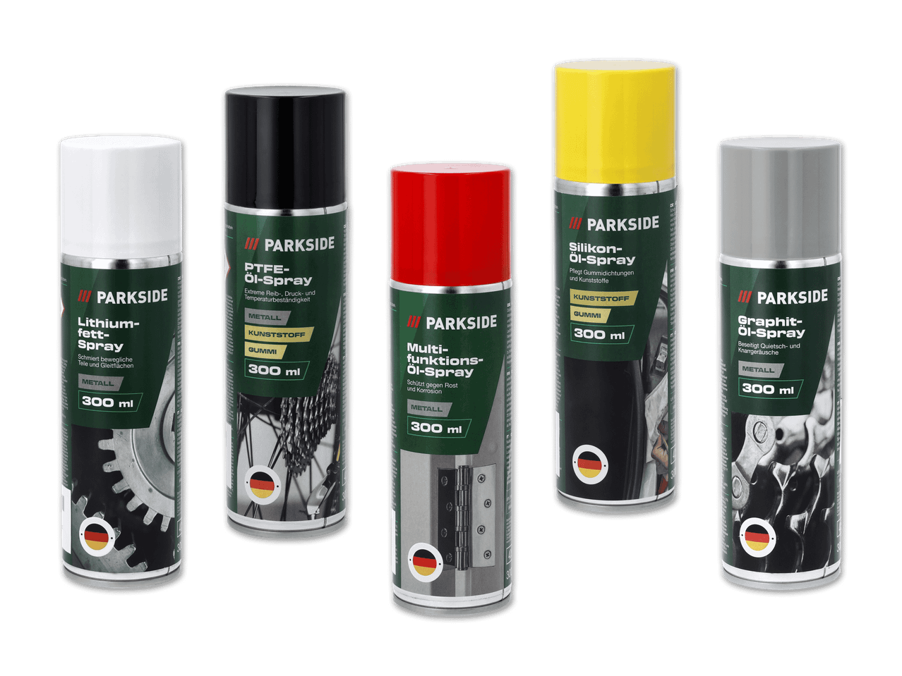 Fünf Spraydosen von Ballistol in Weiß, Schwarz, Rot, Gelb und Grau.
