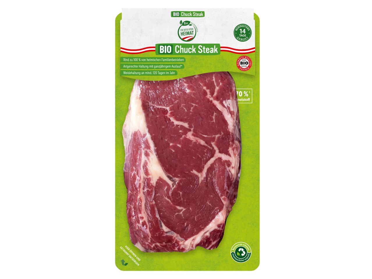 Bio-Rinderchucksteak in einer grünen und weißen Verpackung mit Bio-Siegeln und Herkunftsangaben.