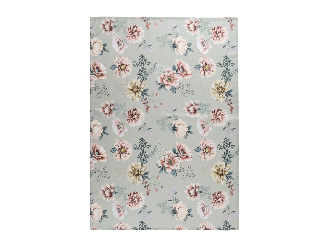Floral patterned tablecloth with large pink, peach, and yellow flowers on a light green background.