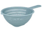 Light blue plastic kitchen colander with a handle