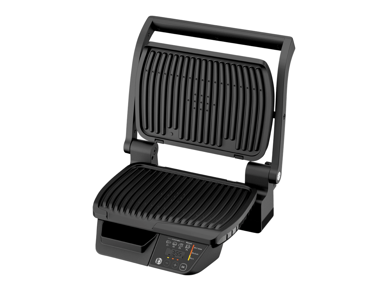 Musta avoin sähkögrilli digitaalisella näytöllä ja säätimillä.