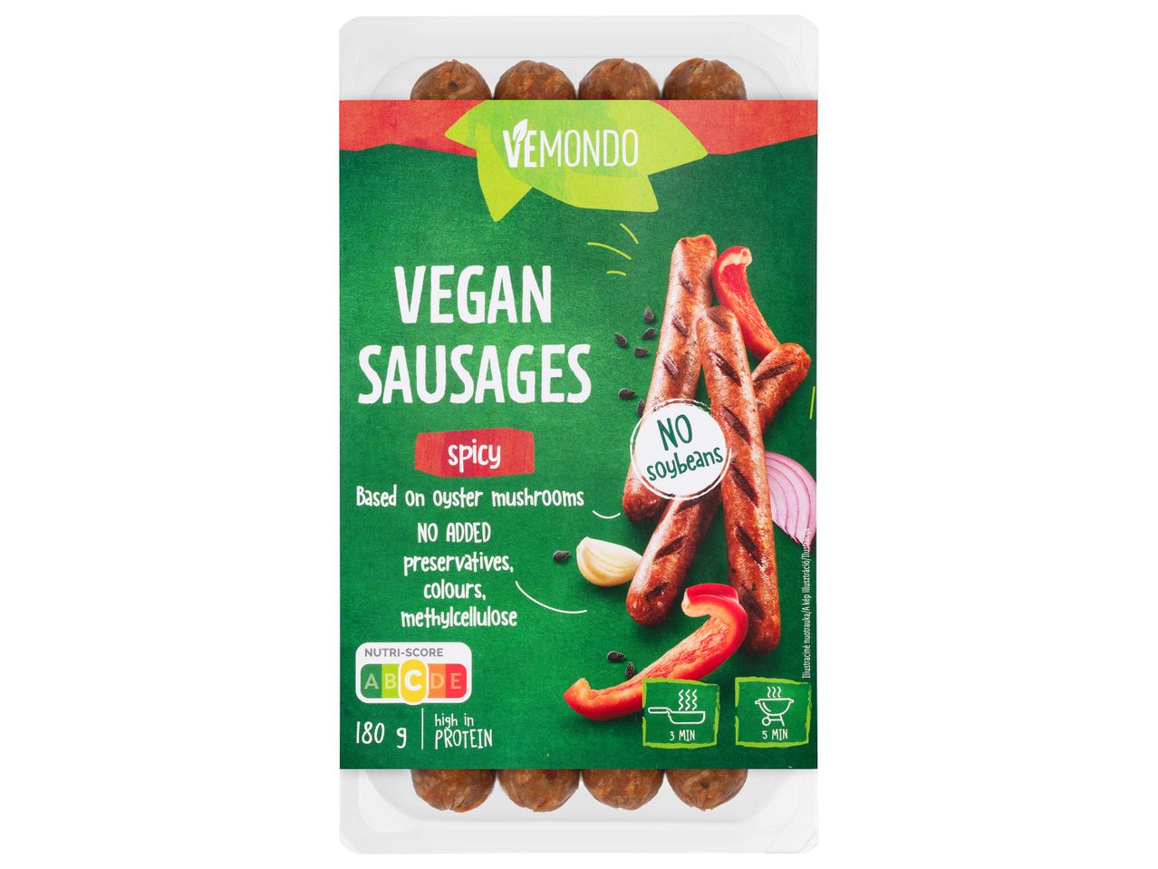 Vemondo vegán kolbász, csípős, szója nélkül.