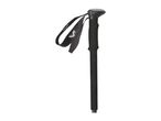 Black hiking pole with a grey top and a black strap featuring a white logo.