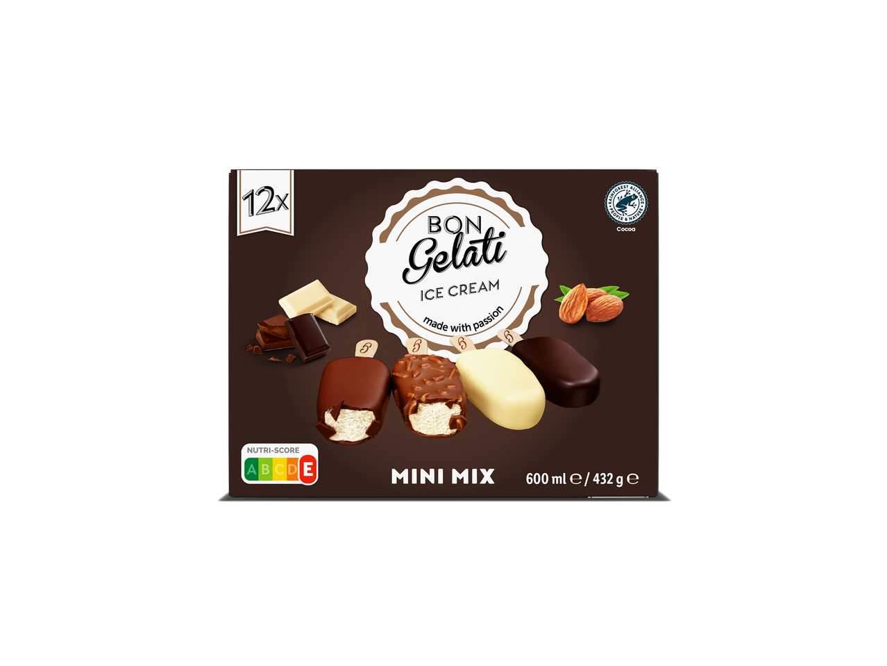Bon Gelati: mini mix ijs met chocolade, witte chocolade en hazelnootsmaken.