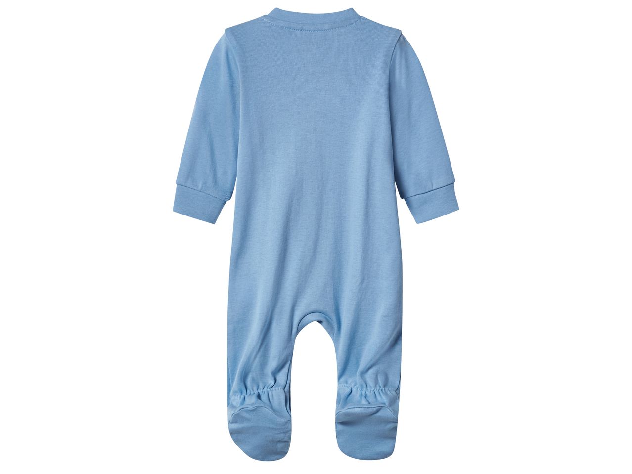 Син бебешки гащеризон с дълъг ръкав и вградени терлички, поглед отзад.