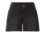 Black denim shorts with frayed hem and front pockets.