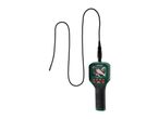 Handheld inspection camera with a flexible probe and a screen displaying an engine part.