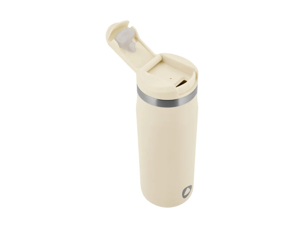 Cream-colored travel mug with an open lid and a silver band around the top.