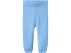 Light blue knitted baby trousers with ribbed waist and cuffs