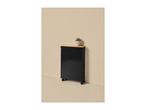 Black storage cabinet with a wooden top and wheels, featuring a small potted plant.