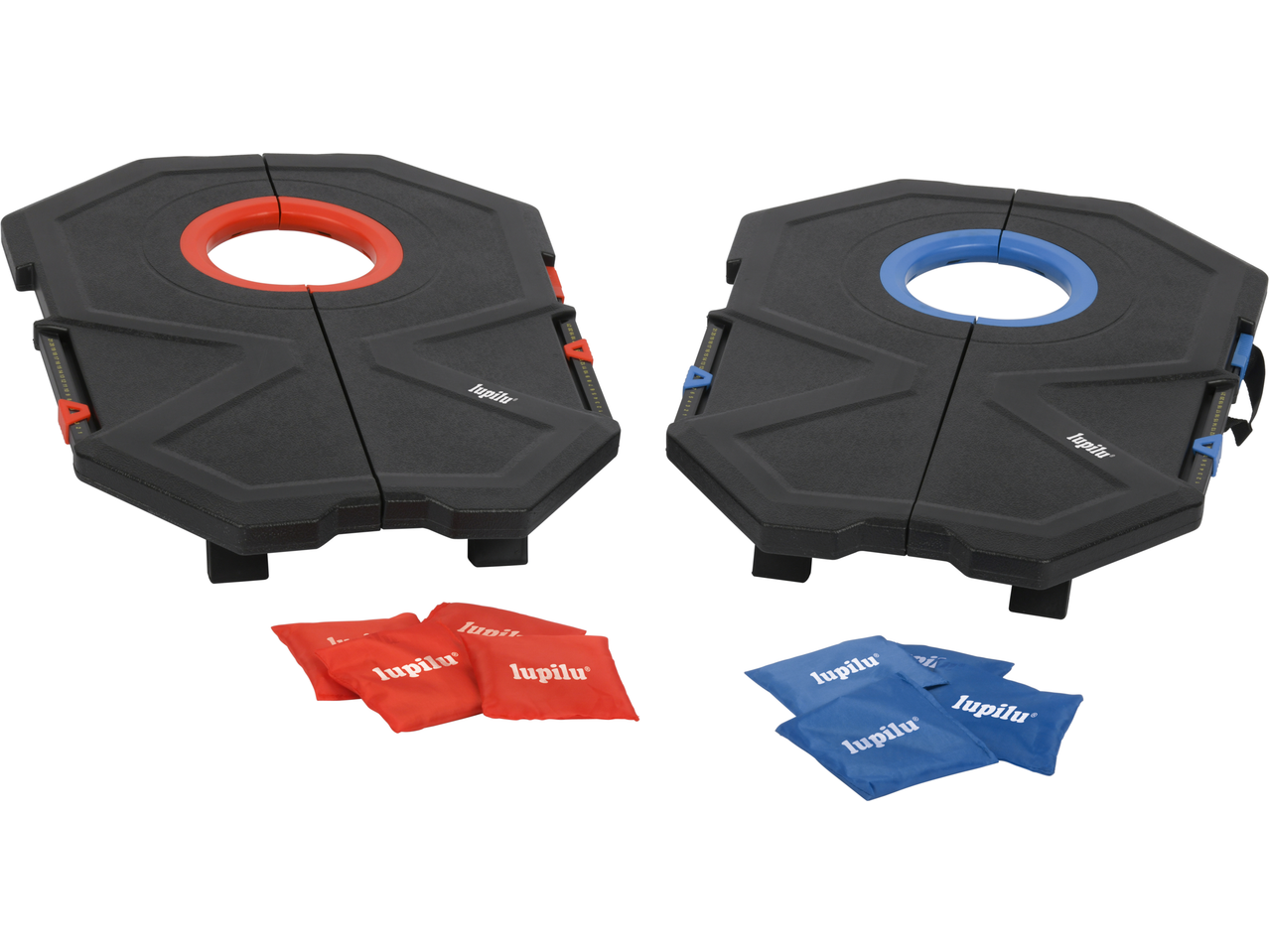 Set de joc cornhole LUPILU cu plăci negre, inele roșii și albastre și saci de nisip.