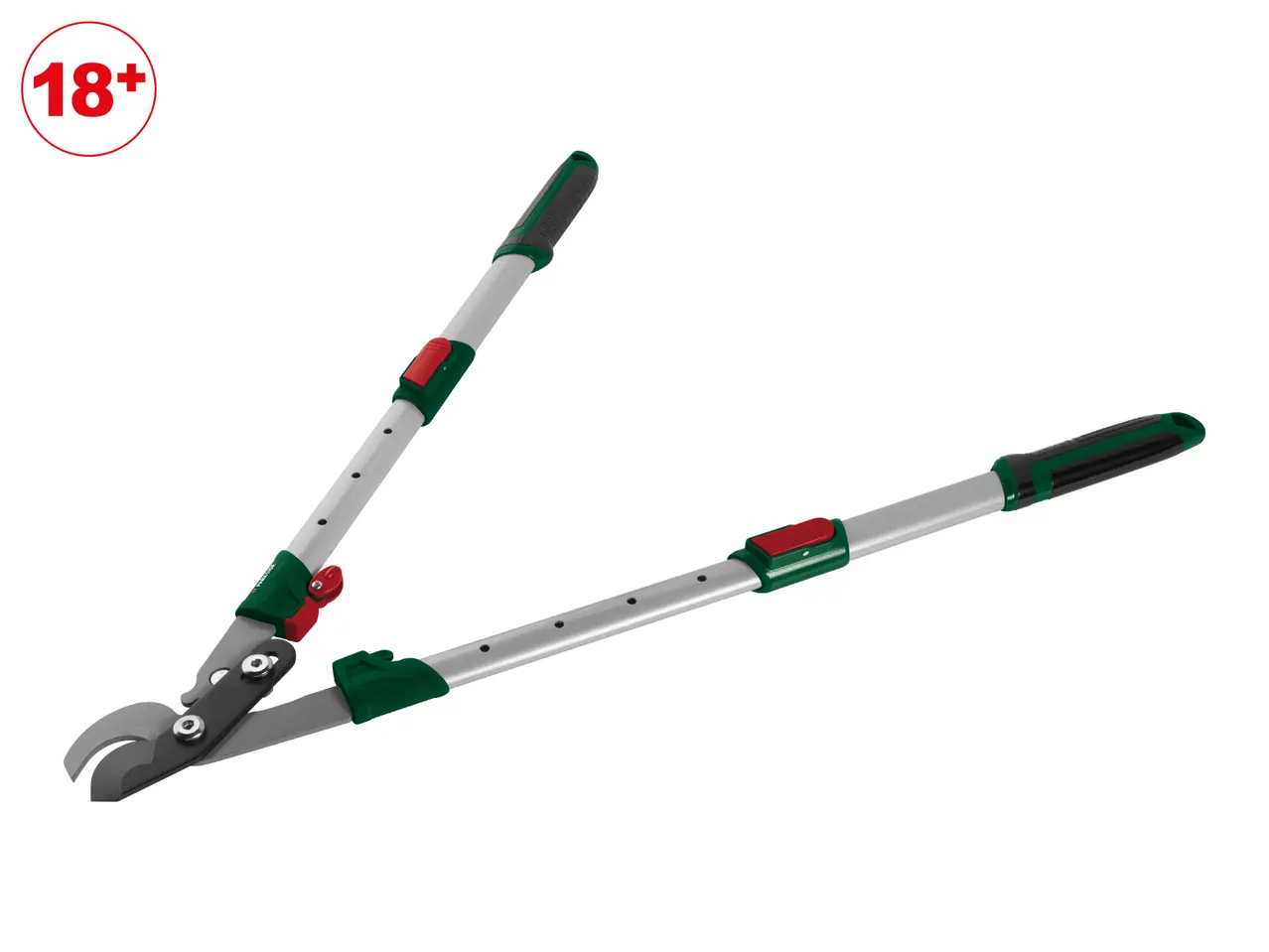 A pair of green and silver long-handled loppers with an 18+ age restriction symbol.
