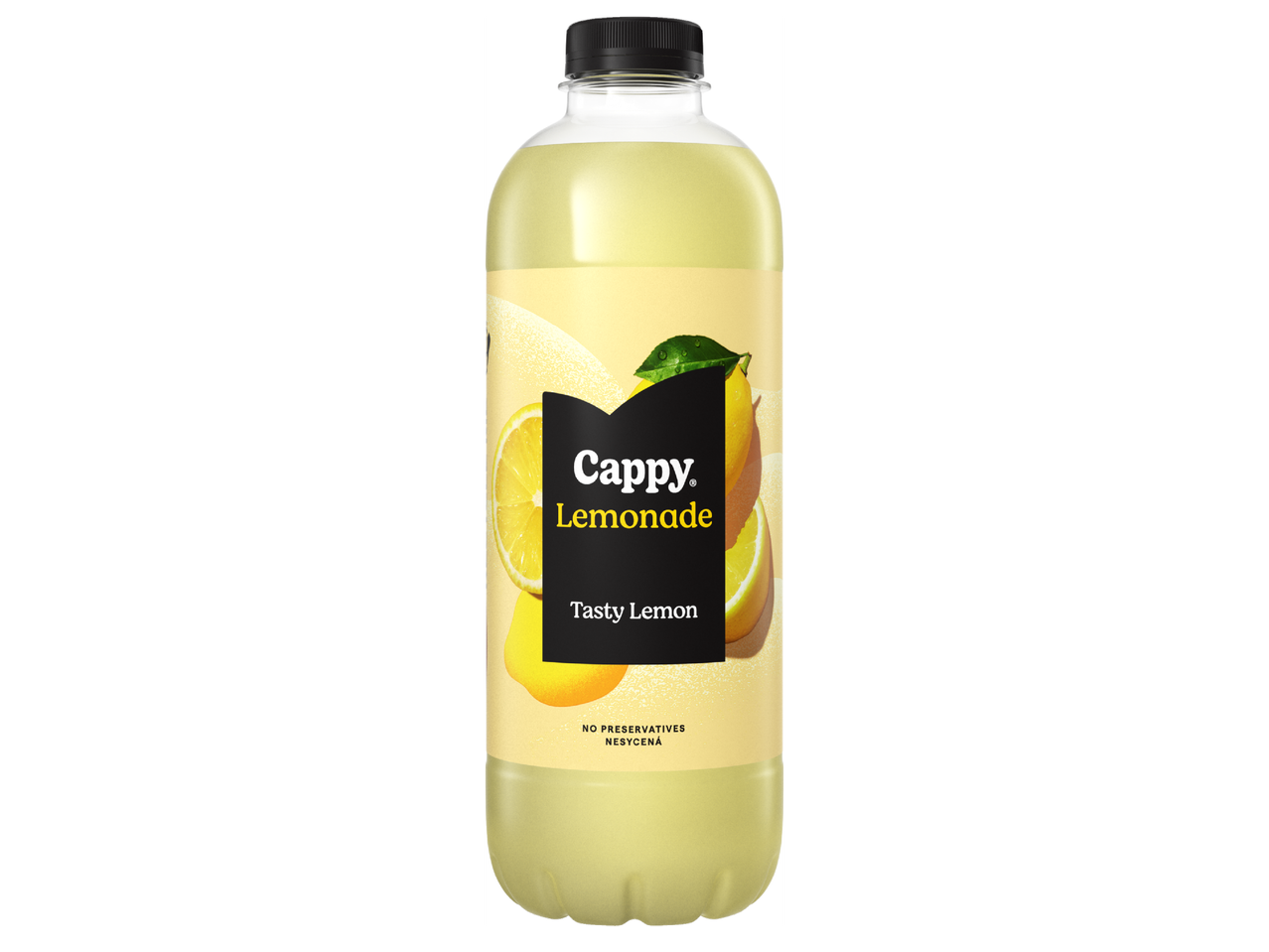 Бутилка лимонада с етикет „Cappy Lemonade Tasty Lemon“, без консерванти.