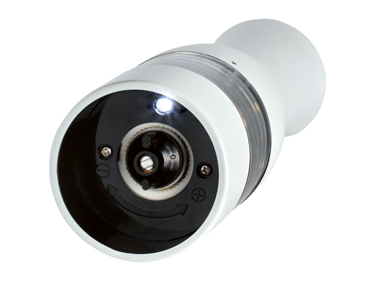 Electric salt or pepper mill with integrated light, bottom view