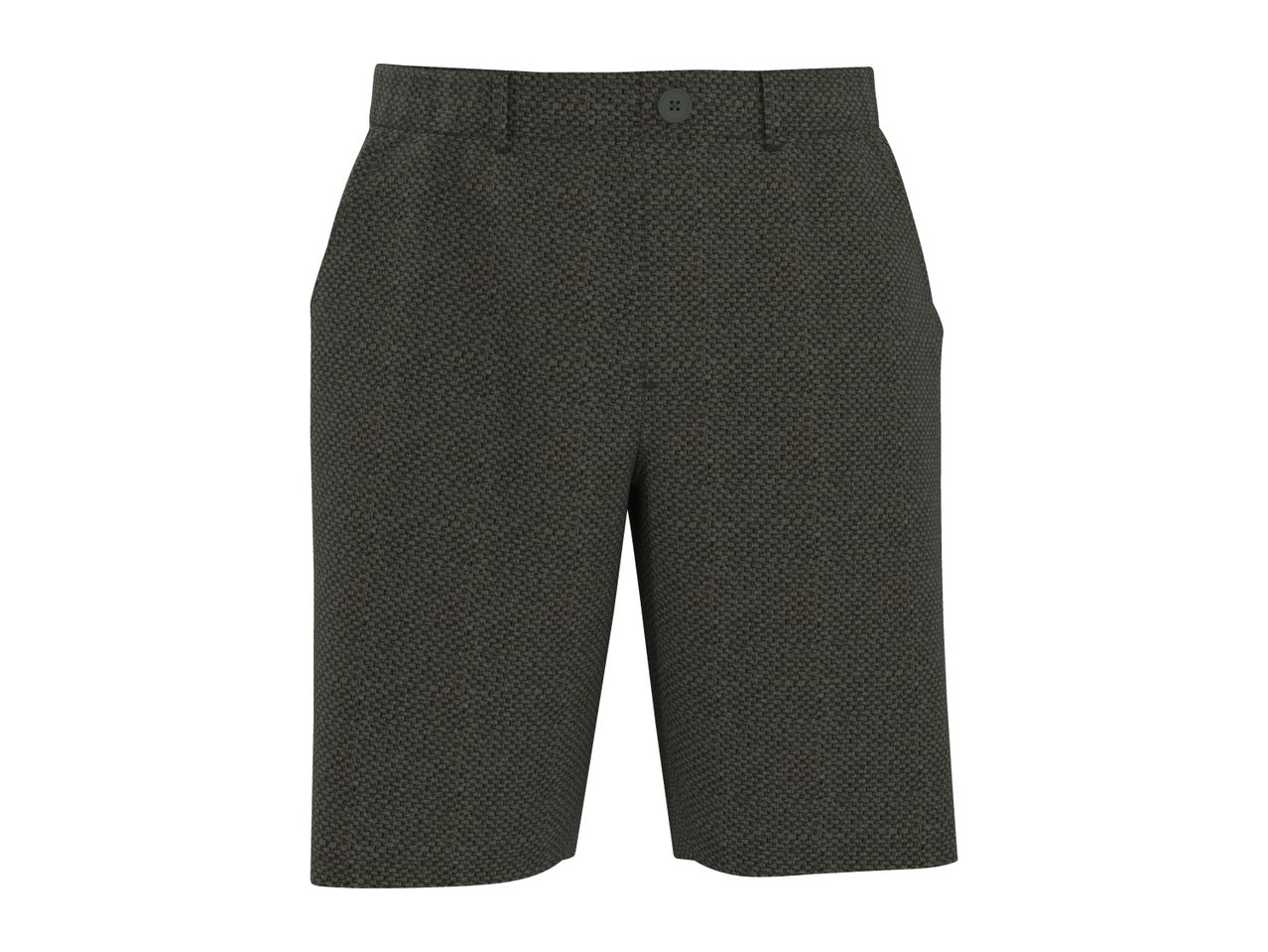Dark green textured men's shorts with a button closure and belt loops.