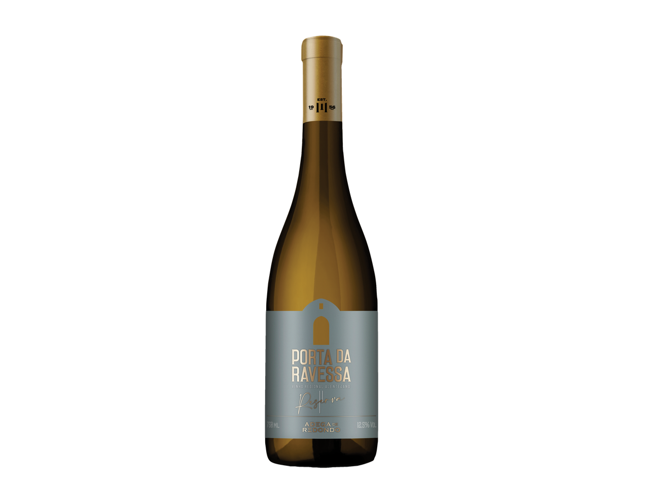 Garrafa de vinho branco Porta da Ravessa Reserva com rótulo azul claro.