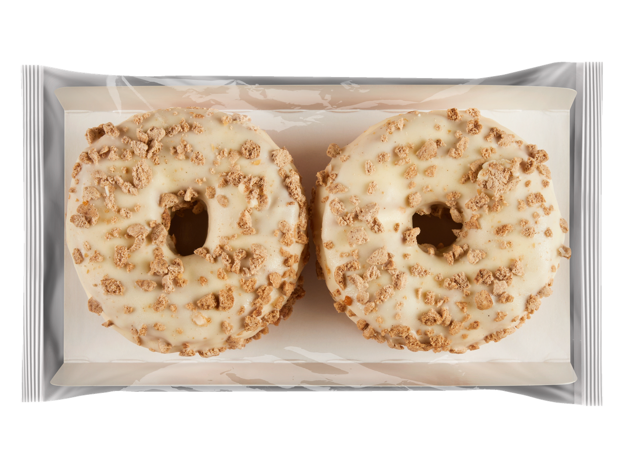 Twee kaneeldonuts met witte glazuur en koekjeskruimels in verpakking.