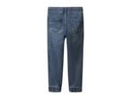 Back view of a pair of dark blue denim joggers with an elastic waistband and cuffs.