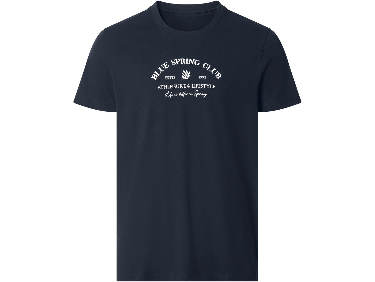 Sötétkék póló 'BLUE SPRING CLUB' felirattal és levél motívummal.
