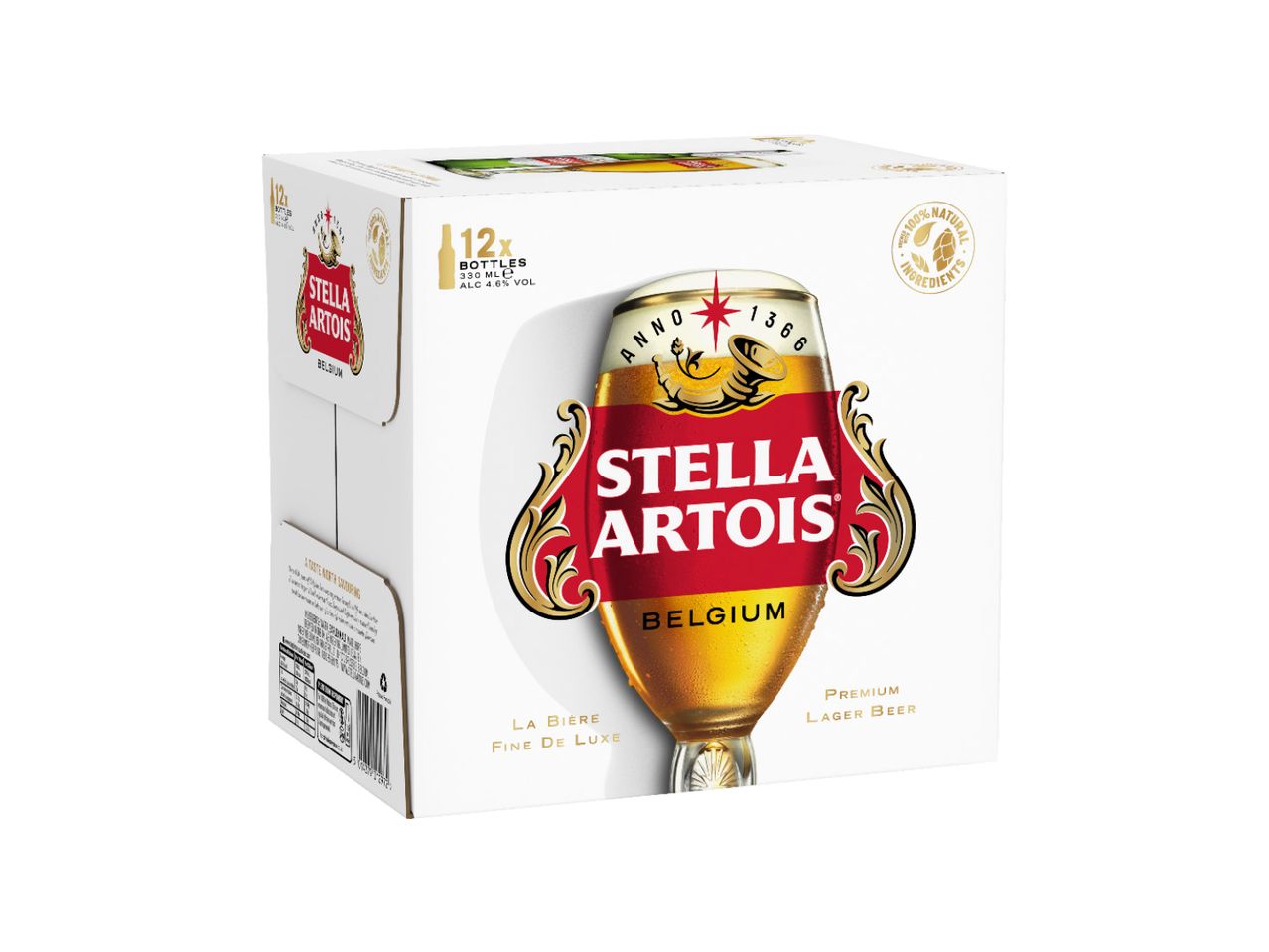 A 12-pack of Stella Artois Belgian Premium Lager Beer.