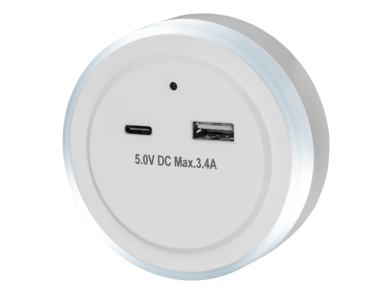 Valge USB laadija USB-C ja USB-A portidega.