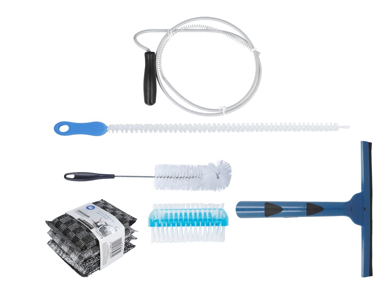 Reinigungswerkzeuge: Abflussreiniger, Flaschenbürsten, Nagelbürste, Scheuerpads und Fensterabzieher.