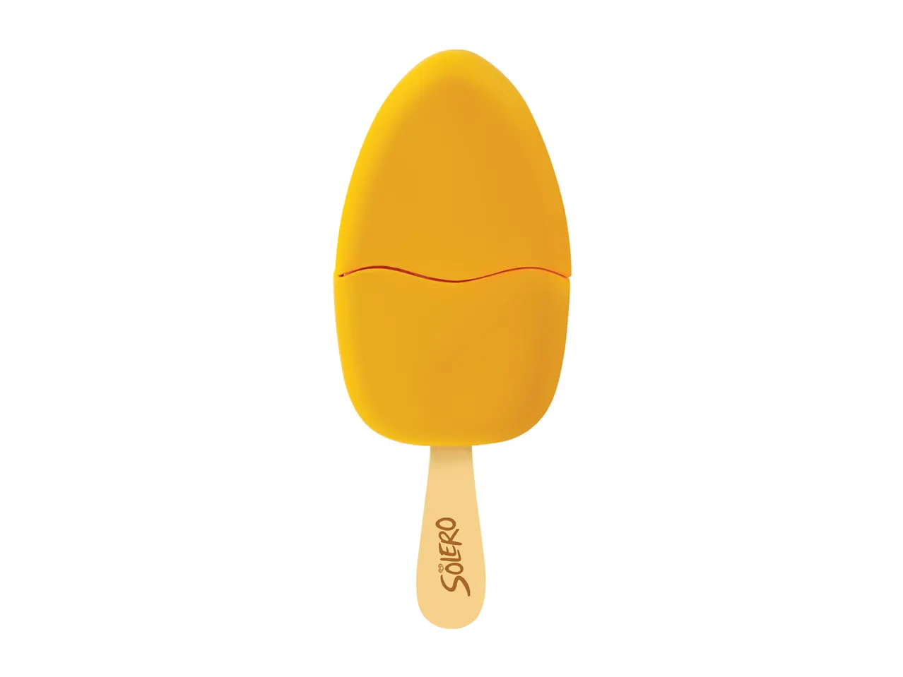 Yellow fruit ice cream bar on a stick with a bite taken out.