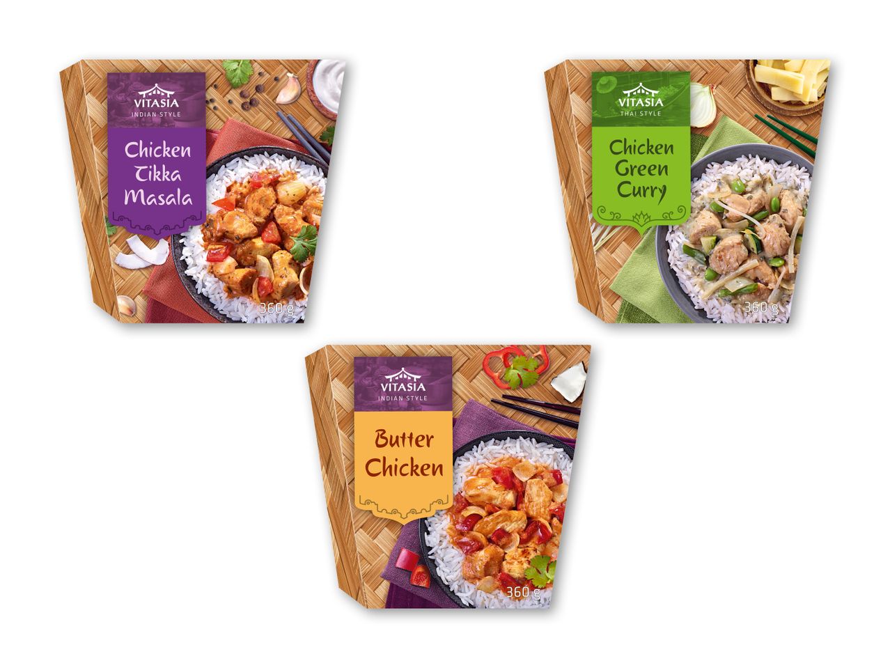 Tre pakker med færdigretter: kylling tikka masala, kylling grøn karry og butter chicken.