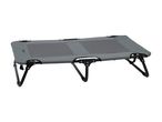 Grey folding camping cot with black frame and mesh sections, angled view.