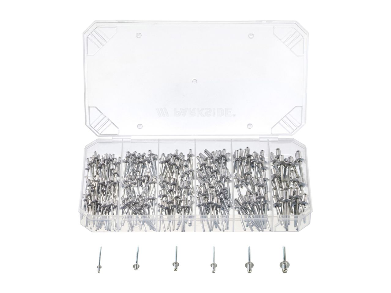 A clear plastic case filled with many small, silver metal pins.