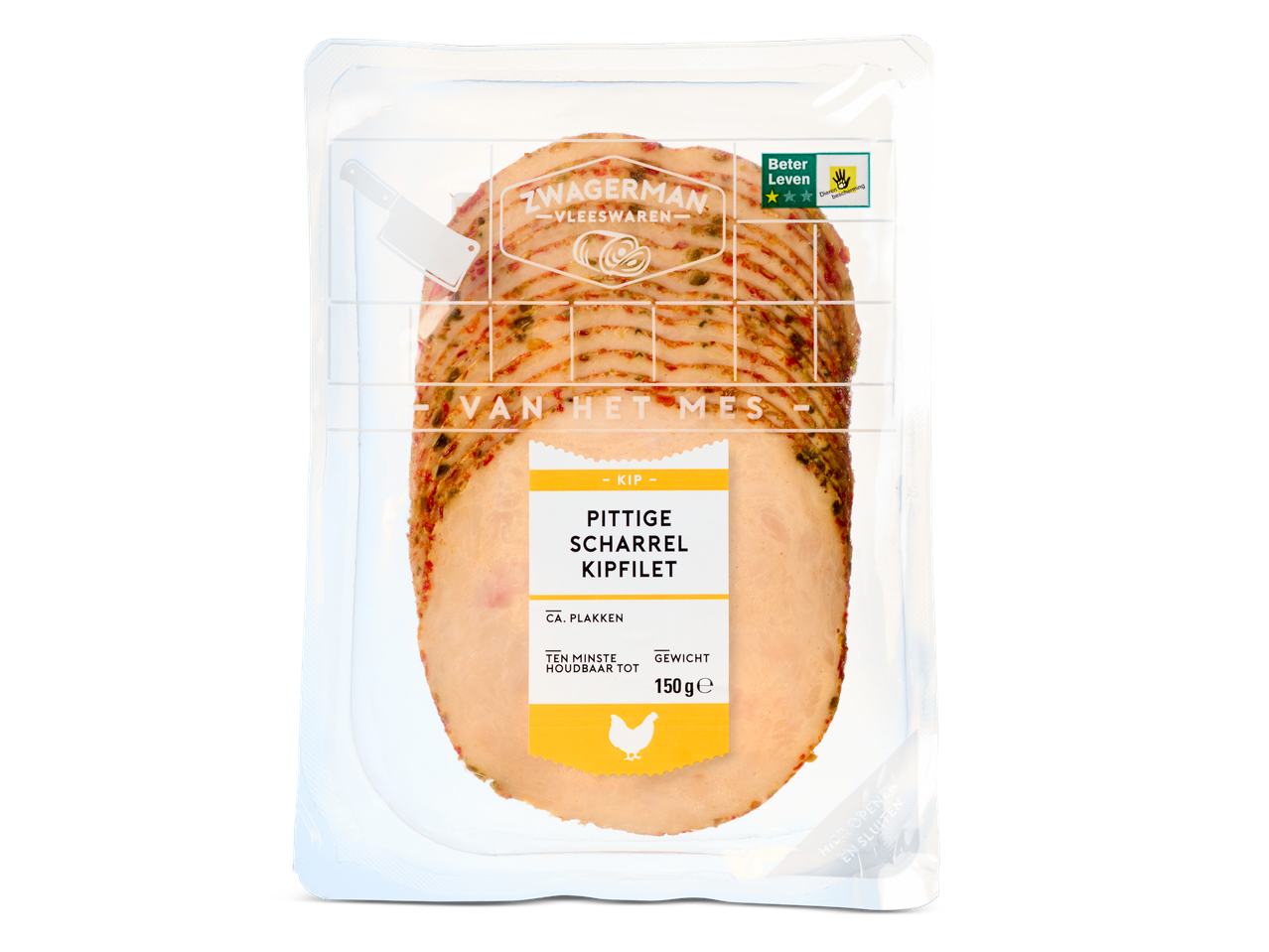 Verpakte pittige scharrelkipfilet plakjes van ZWAGERMAN, 150g.