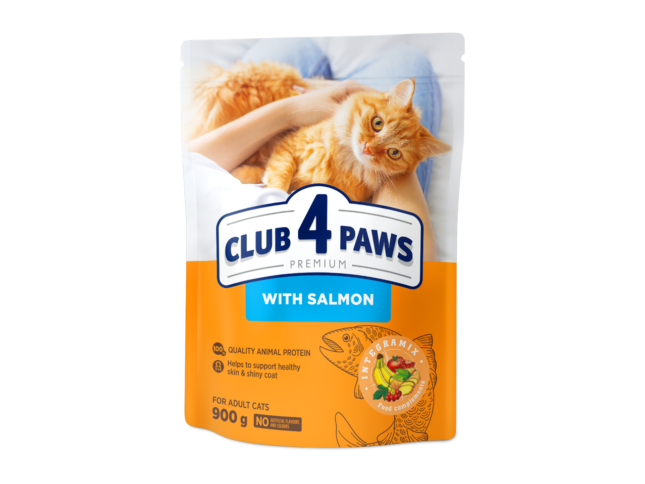 Pachet de hrană pentru pisici cu somon, cu o pisică portocalie pe ambalaj.