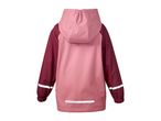 Pink and maroon children's rain jacket with reflective stripes, back view.