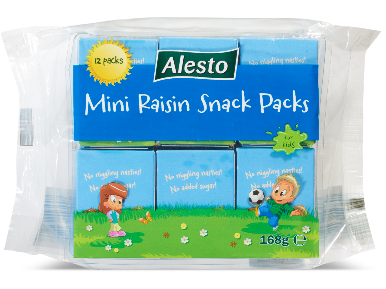 Alesto mini rozijnen snack packs voor kinderen: 12 packs, zonder toegevoegde suikers.