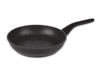 Eine schwarze Pfanne mit marmorierter Oberfläche und langem Griff.