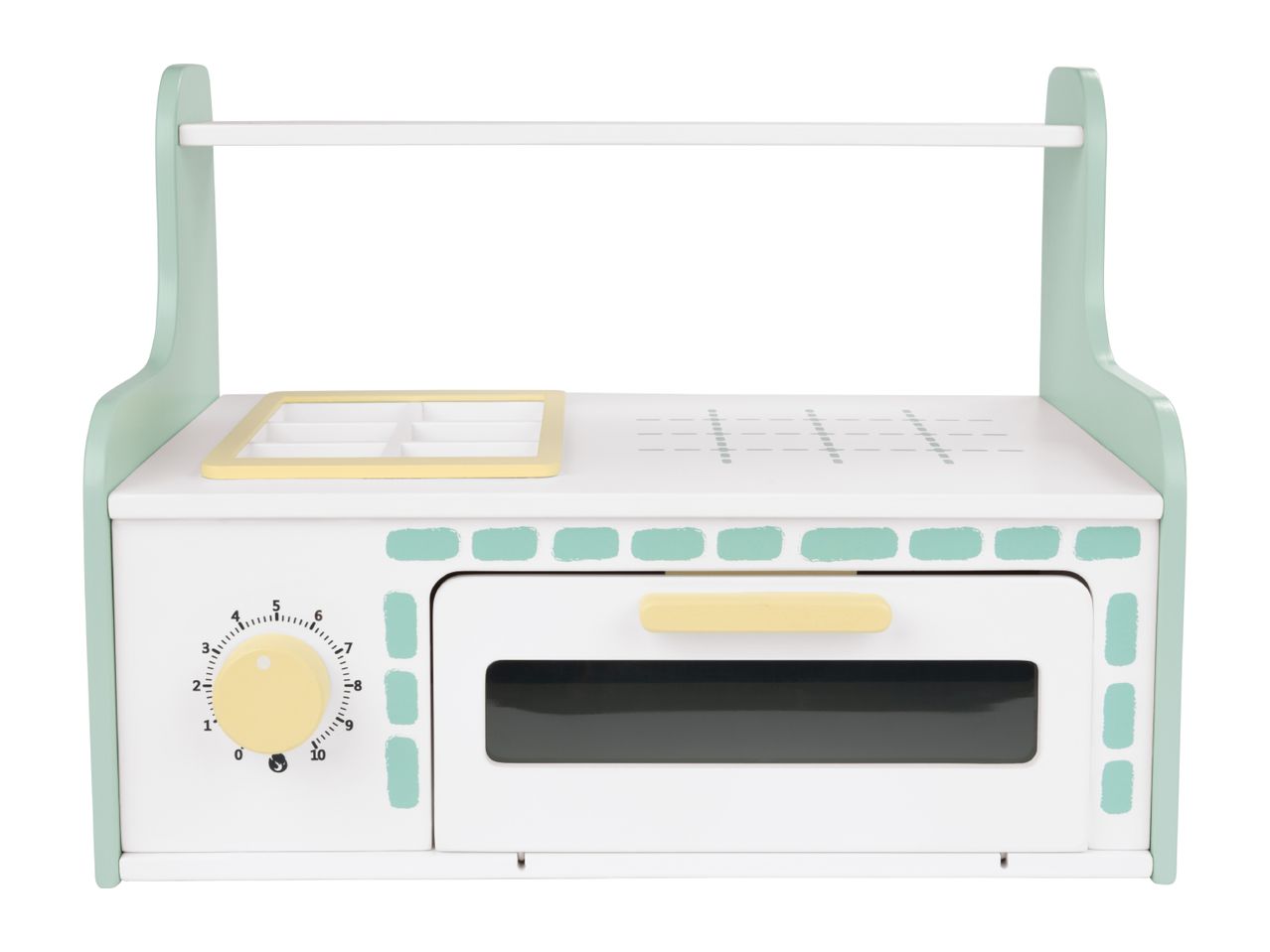 White and mint green wooden toy kitchen with yellow accents